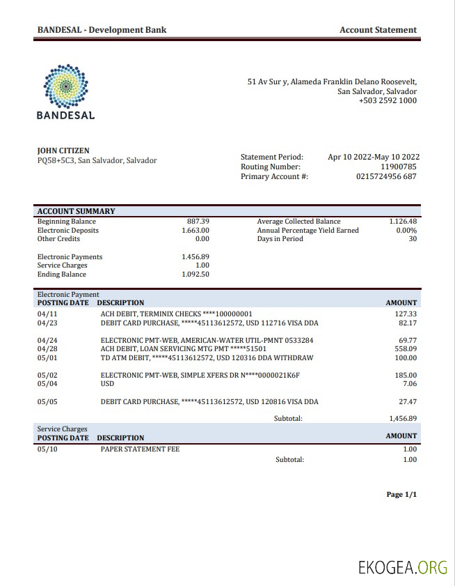 Relevé de la Banque Salvador Bandesal